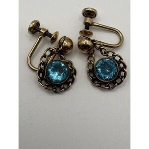 Vintage Carl Art 12KT GF Blue Rhinestone Gold Chain Screw Back Earrings